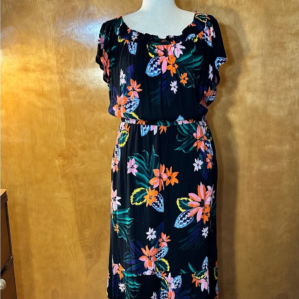 Black and Pink Floral Midi Dress with optional off the shoulder neckline